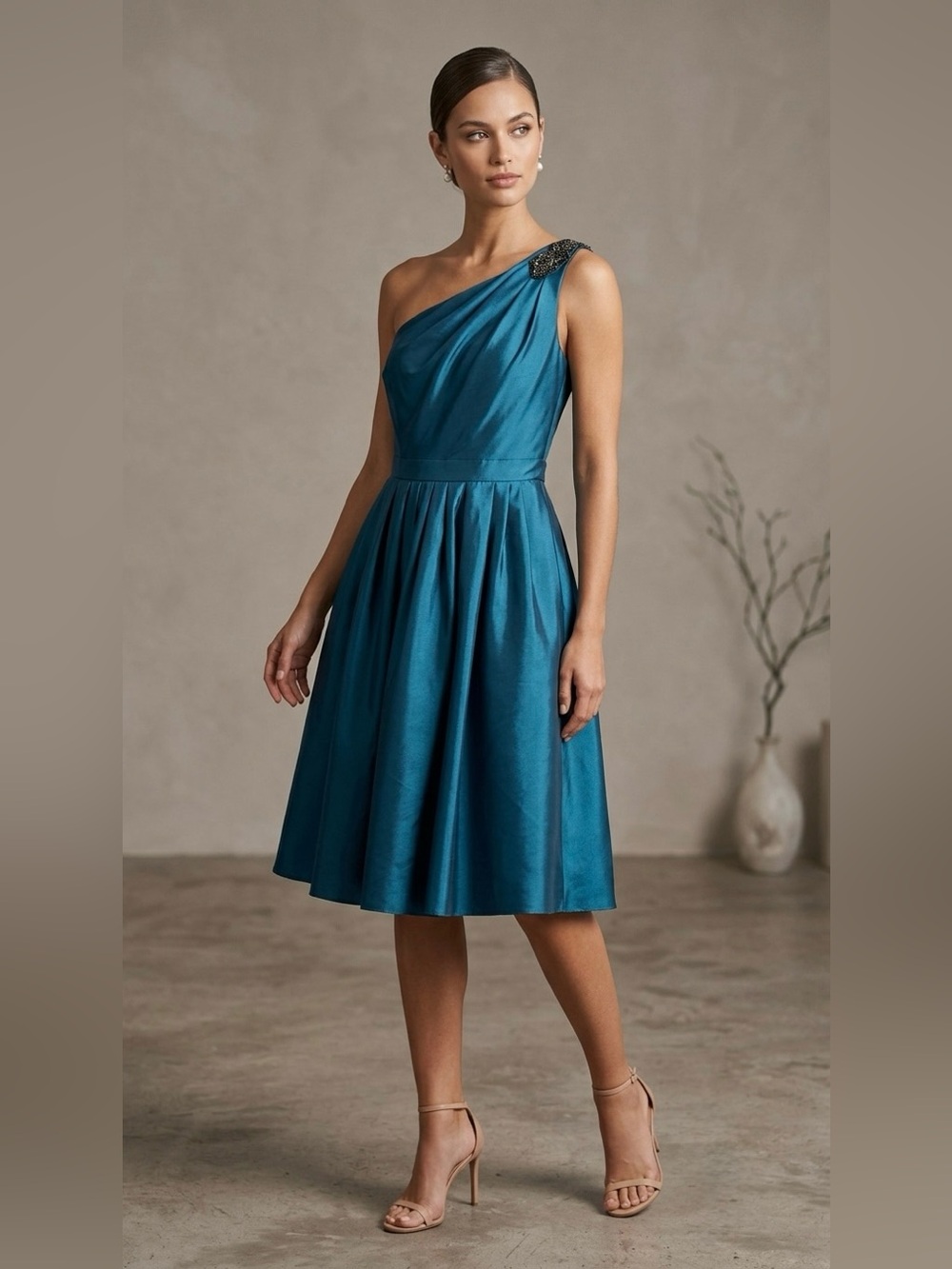 David's Bridal One-Shoulder Teal A-Line Dress with Embellished Strap